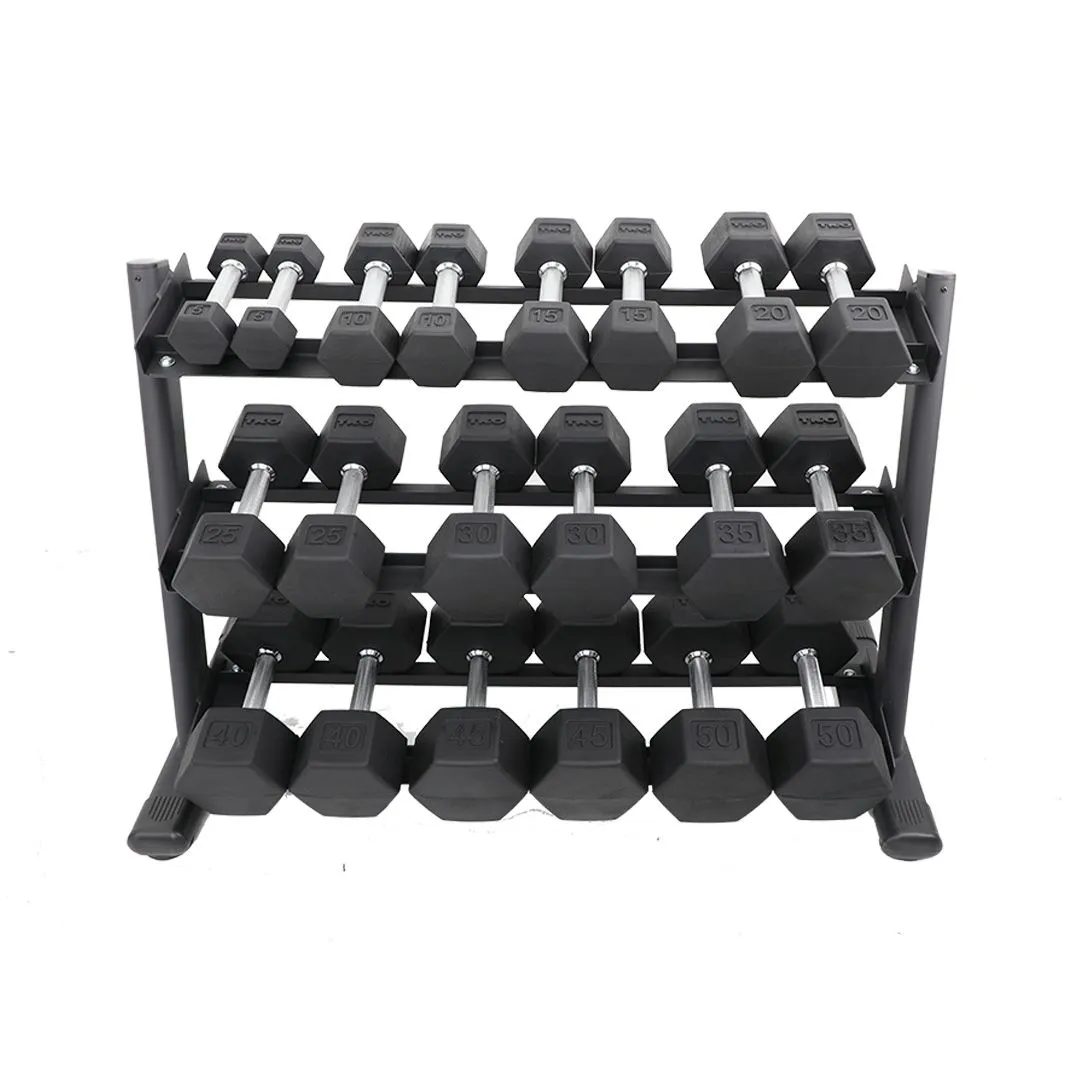 TKO 5-50 Pound Rubber Hex Straight Handle Dumbbells w/ 3 Tier Rail Rack - TKO - image 1